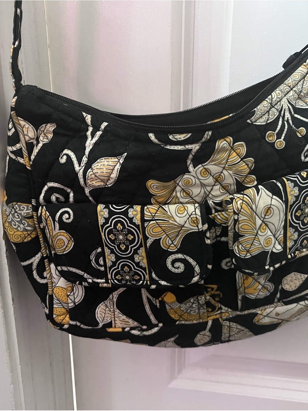 Vera Bradley Black Quilted Shoulder Bag with Gold and Cream Floral Motif